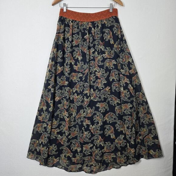Lularoe Lucy Maxi Swing Skirt sz M Dark Blue Burnt Orange Bear Print - Picture 5 of 9